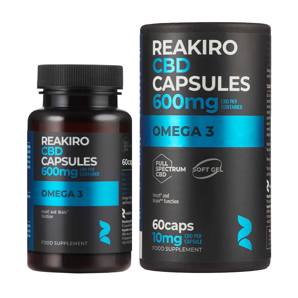 Reakiro CBD Omega 3 Capsules 600mg 60pcs bottle and tube